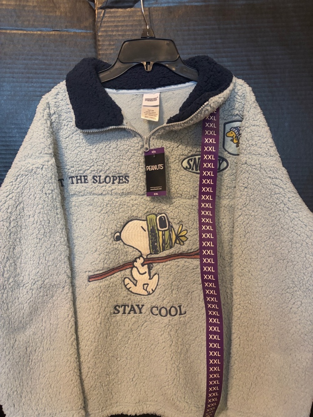 Peanuts Light Blue Sherpa Zip Pullover with Navy Trim